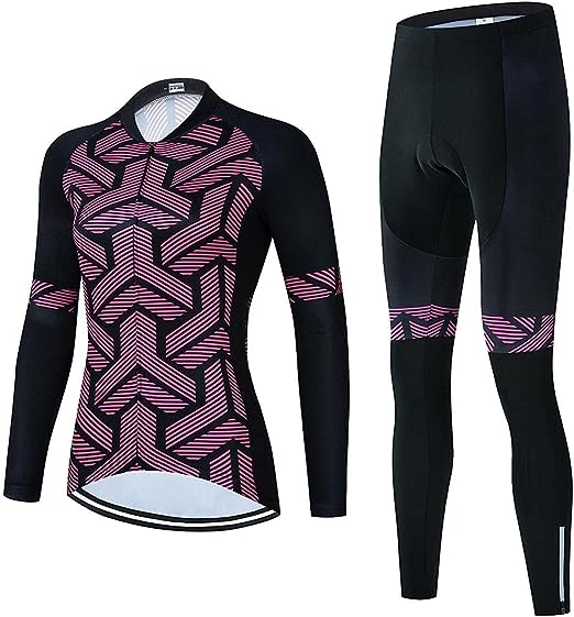 Women’s Cycling Clothing Set Long Sleeve Road Bike Shirt Cycling Jersey Bicycle Pants with 20D Gel Padded