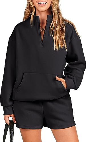 Women 2 Piece Outfits Sweatsuit Oversized Half Zip Collared Sweatshirt & Short Set Lounge Wear Tracksuit Set