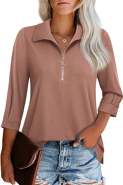 Womens Tops Dressy Casual 3/4 Length Sleeve V Neck Shirts and Blouses Zipper Collar Women Polo Shirts